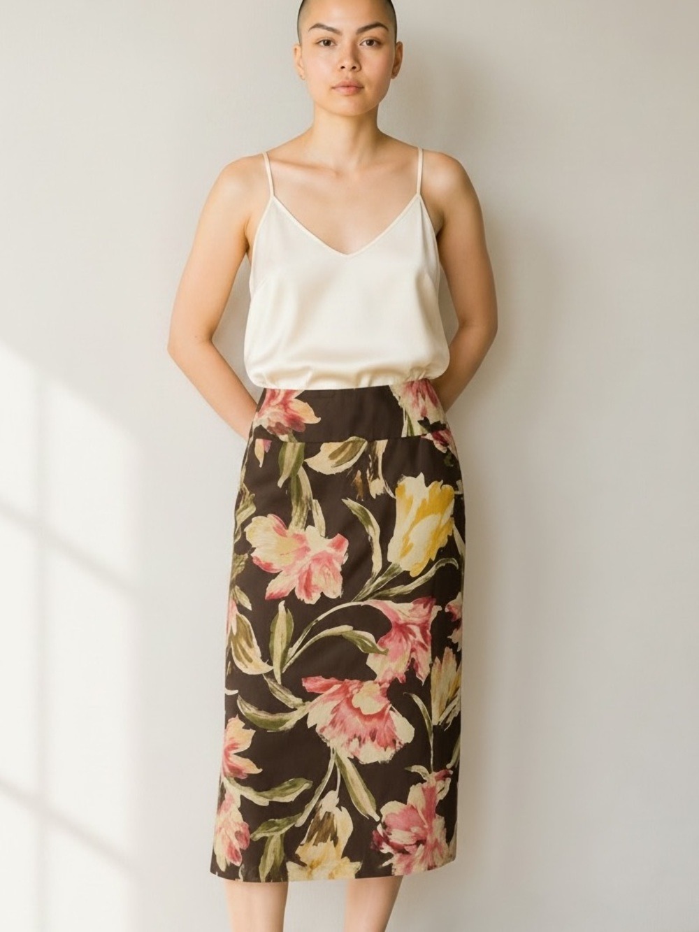 90s TALBOTS SILK BLEND BOLD FLORAL A-LINE MIDI SKIRT MID-RISE WAIST LINED SZ 16